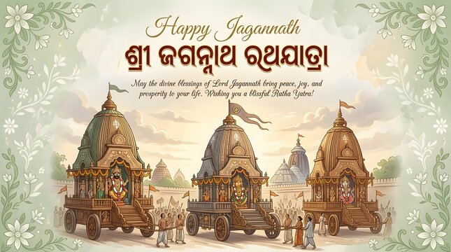 Vibrant illustration of lord jagannath's rath yatra festival with colorful chariots and devotees in traditional attire