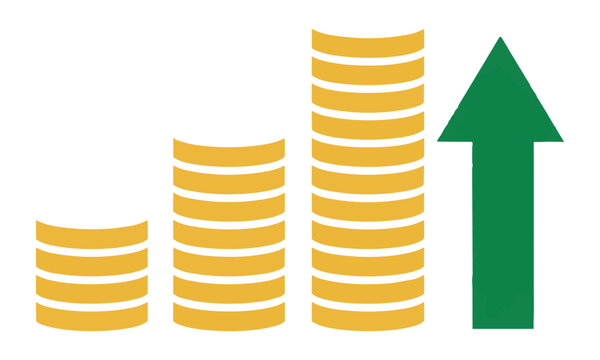 Minimalist icon featuring ascending gold coin stacks and a simple upward arrow on a white background, financial growth concept