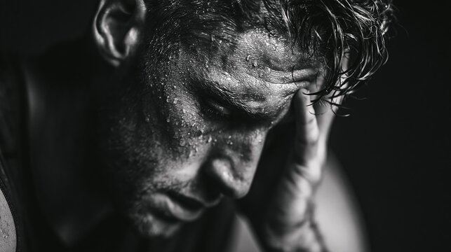 Man Shows Signs of Exhaustion After Intense Training Session in Gym Environment Captured in High Detail