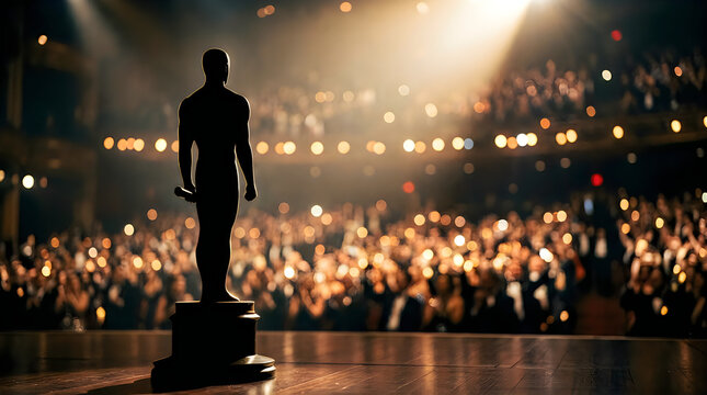 Cinematic trophy silhouette on stage, golden award statue in front of blurred theater audience, prestigious film ceremony and red carpet event isolated on White Background