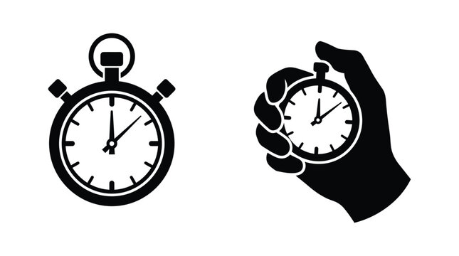 Stopwatch icon and hand holding stopwatch black silhouette