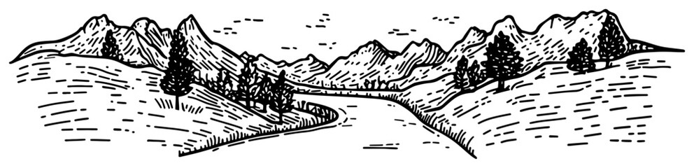 Mountain river valley landscape vector sketch Hand drawn simple nature scenery with hills and trees Outdoor travel doodle illustration © Tomas