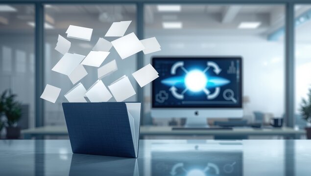 Document management system with an open folder of blank documents on a computer. Concepts of data backup, file sharing, and document transfer while managing and searching for files.