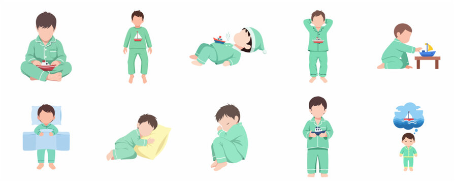 Flat vector illustration of a little boy in green pajamas set in various poses including sleeping, playing with a toy boat, and dreaming.