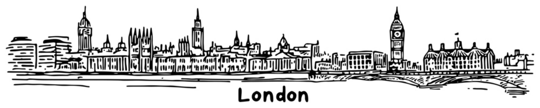 London England skyline with Big Ben and Houses of Parliament Hand-drawn vector sketch
