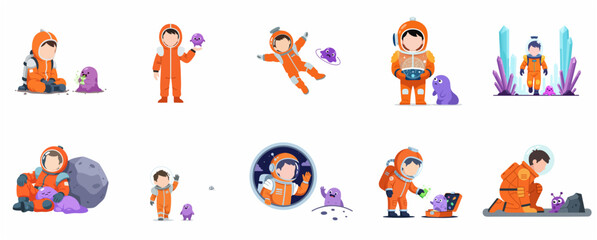 Set of cute astronaut and purple alien character illustrations, space exploration concept, flat vector design elements for science fiction and adventure. © Artozo