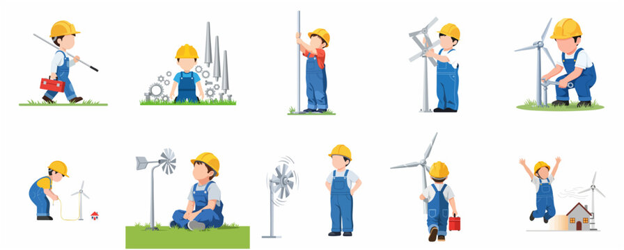 Little boy engineer character set working on wind turbines and renewable energy project, flat vector illustration.