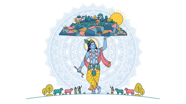 Lord krishna govardhan leela illustration divine protection and pastoral scene