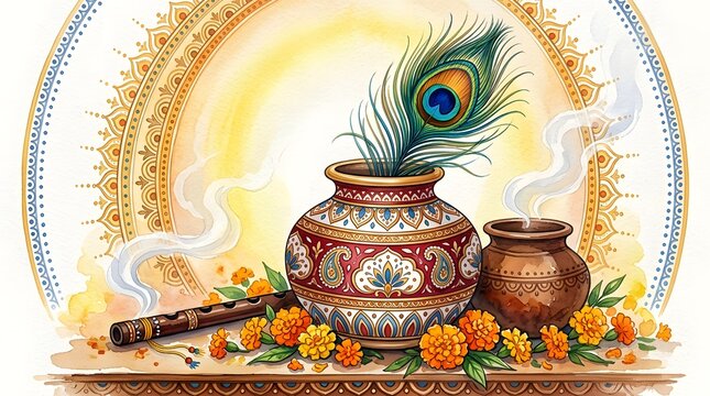 Watercolor illustration of krishna janmashtami festival elements including flute peacock feather and traditional indian pottery