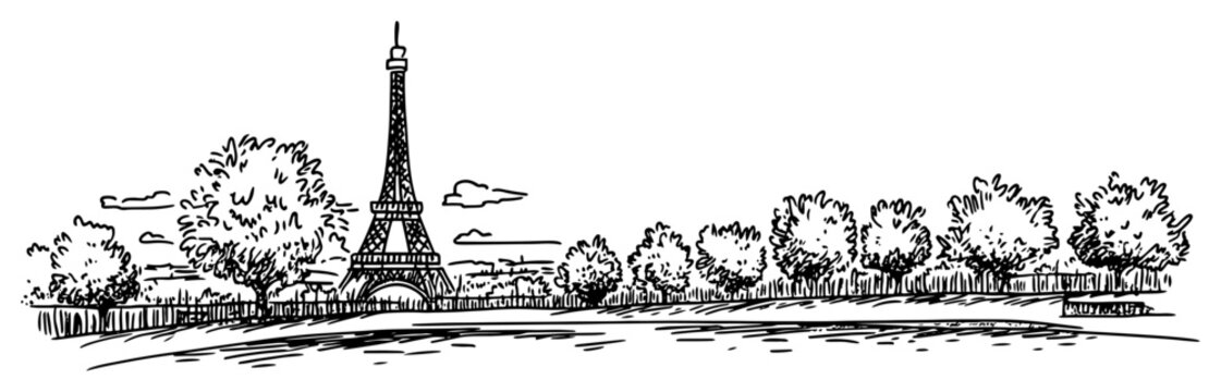 Paris France cityscape with Eiffel Tower from Champ de Mars park hand drawn sketch Vector illustration black and white line art
