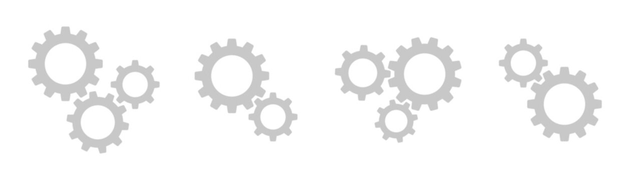 Light gray gear wheel set, mechanical cogwheel symbols isolated on transparent background
