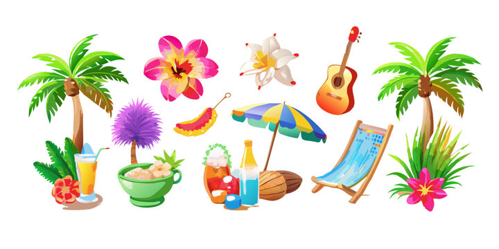 Tropical summer beach elements and vacation icons set, vector