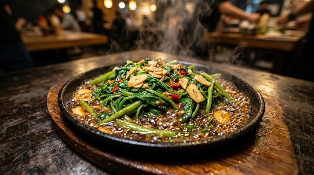 Fresh water spinach on a sizzling hotplate with savory bubbling sauce and garlic, captured in a delicious cinematic widescreen food photography style, representing authentic Asian street food cooking.