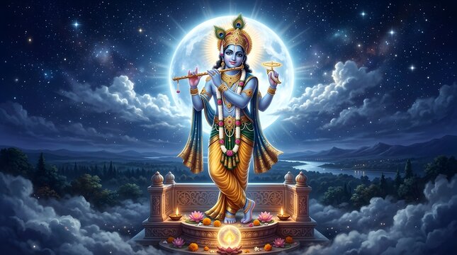Krishna standing on a pedestal under a full moon with flute and chakra