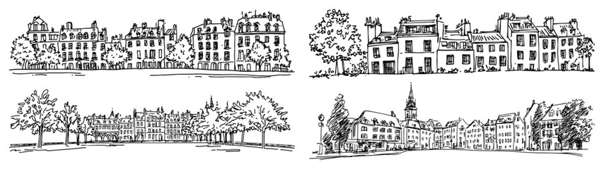 Hand-drawn European cityscape panoramas - vintage ink line art vector set of historic townhouse streets © Tomas