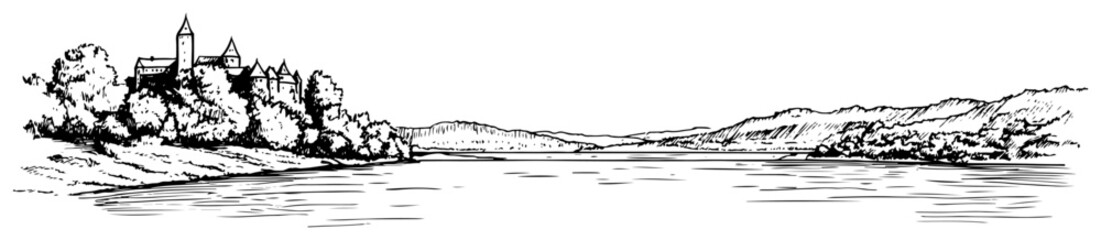 River Valley Panorama with Hilltop Castle Hand Drawn Vector Line Art Landscape Illustration Black and White © Tomas