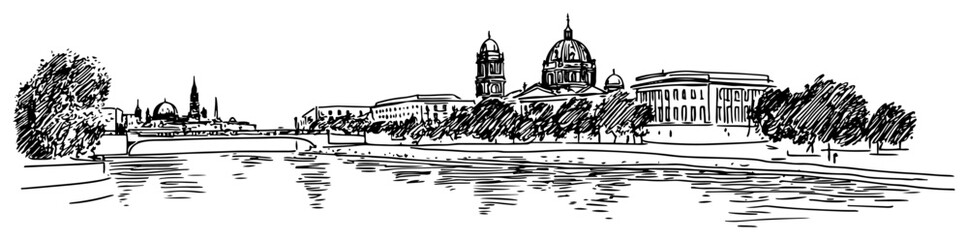 European Riverfront Cityscape with Cathedral Domes Hand Drawn Vector Line Art Panorama Illustration Black and White © Tomas