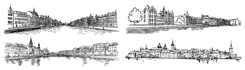 Fototapeta premium Hand drawn European riverfront cityscape panoramas vintage ink line art vector set with reflections and old town buildings