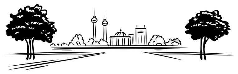Hand-drawn Berlin skyline vector black and white line art cityscape with Fernsehturm TV tower cathedral dome and park trees © Tomas