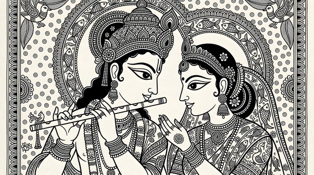 Krishna and radha in traditional indian attire playing flute