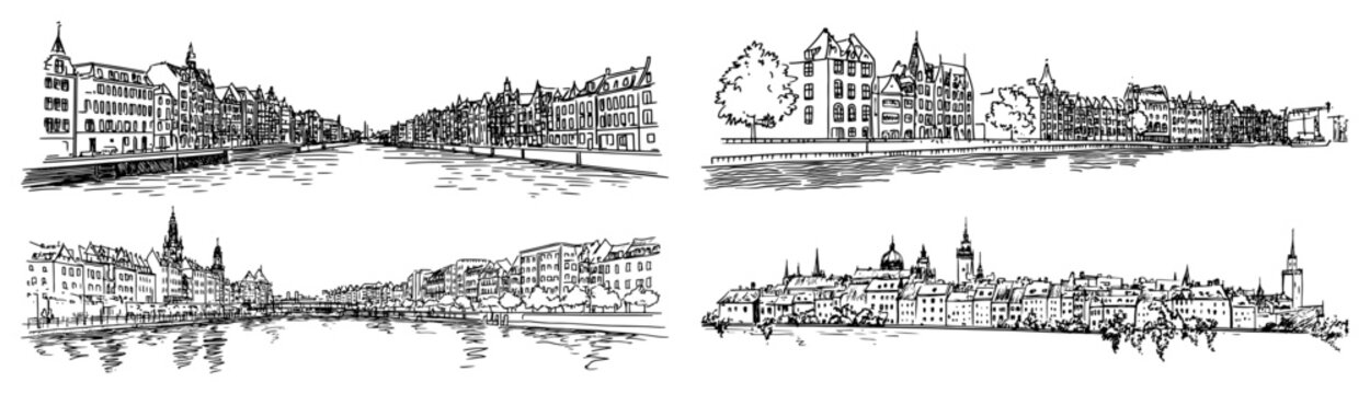 Hand drawn European riverfront cityscape panoramas vintage ink line art vector set with reflections and old town buildings