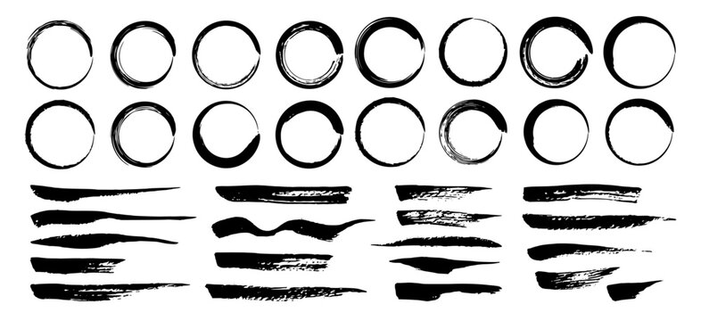 Abstract brush paint set. Round ink vector zen circles. Black grunge watercolor texture wavy brushstroke lines. Hand drawn splash stain borders. Japanese calligraphy broken circular enso ring logo bg