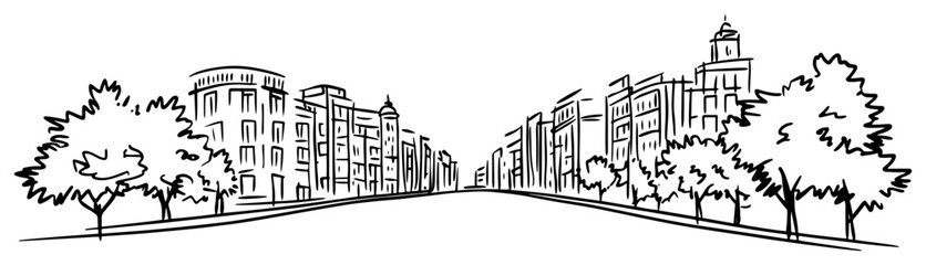 Naklejka premium Grand Avenue Perspective with Historic City Buildings and Trees Hand Drawn Vector Line Art Illustration Black and White