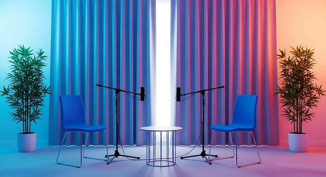 Modern podcast studio setup with blue chairs and microphones