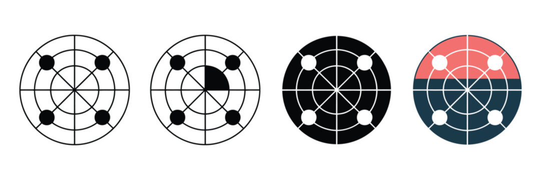 Radar scope icon set featuring circular grid patterns with four target points in minimalist vector style for navigation interface design and digital systems