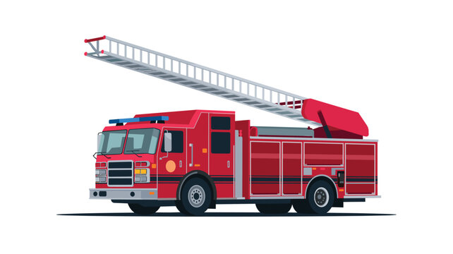 A bright red emergency fire engine with an extended telescopic ladder stands isolated on a plain white background for professional rescue and safety equipment imagery.