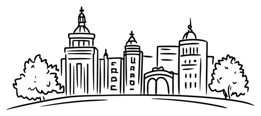 European City Skyline with Domes and Arch Gate Hand Drawn Vector Line Art Illustration Black and White © Tomas