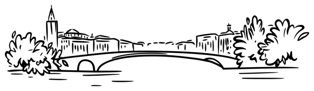 European Riverside Cityscape with Historic Arch Bridge Hand Drawn Vector Line Art Illustration Black and White