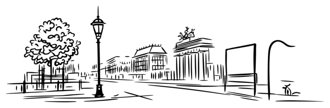 Berlin boulevard with street lamps trees and Brandenburg Gate minimalist black ink line art vector illustration
