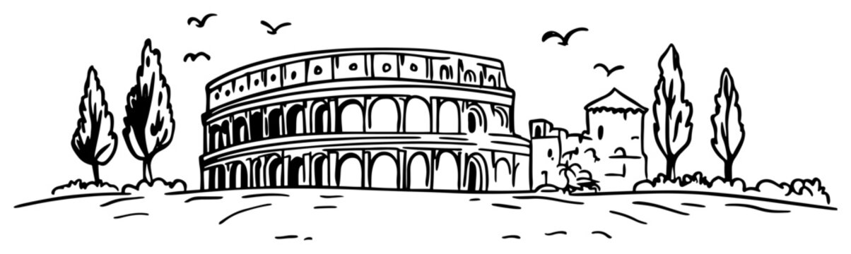 Rome Colosseum Amphitheater Hand Drawn Vector Line Art Illustration Black and White