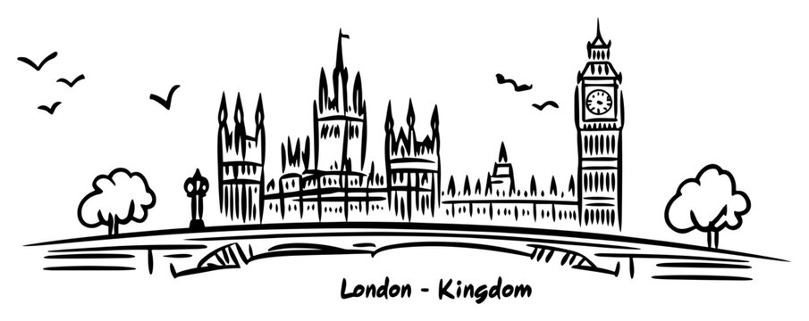London Westminster Palace and Big Ben Riverside Cityscape Hand Drawn Vector Line Art Illustration Black and White