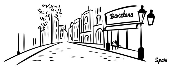 Hand-drawn Barcelona Spain old town street vector black and white line art with lamppost cafe and historic buildings © Tomas