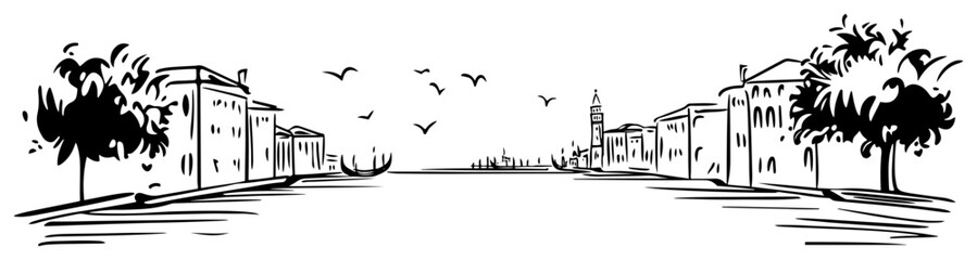 Hand-drawn Venice canal panorama vector black and white line art with gondolas historic waterfront and birds © Tomas