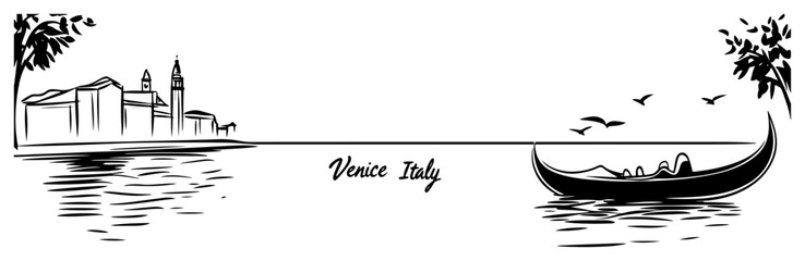 Venice Italy Gondola On Lagoon Skyline Hand Drawn Vector Line Art Illustration Black and White © Tomas
