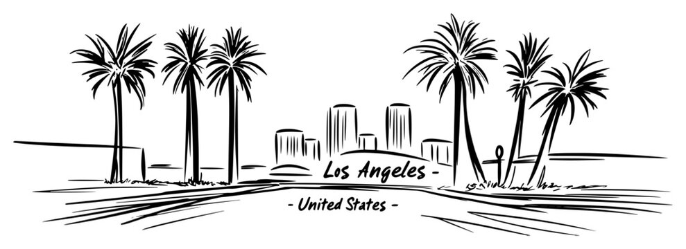 Hand-drawn Los Angeles skyline vector black and white line art with palm trees beach and city buildings