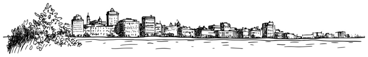 Hand-drawn historic riverside old town skyline vector black and white line art panorama with castle walls and towers © Tomas