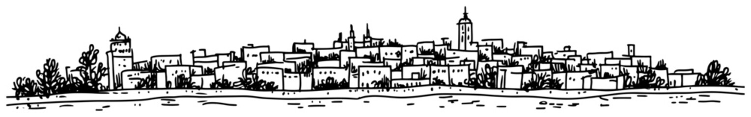 Hand-drawn Mediterranean hill town skyline vector black and white line art panorama with clustered houses domes and bell towers © Tomas