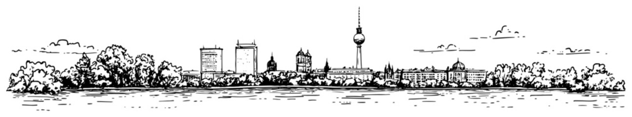 Hand-drawn Berlin skyline vector black and white line art panorama with Fernsehturm TV tower river and historic buildings © Tomas