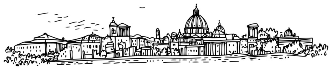 Rome skyline with Saint Peters Basilica dome and historic riverfront hand drawn ink line art vector illustration © Tomas