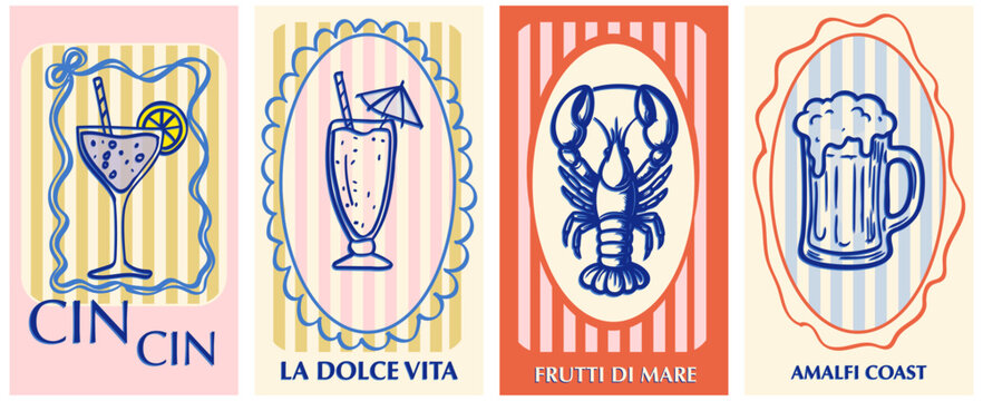 Vintage amalfi coast poster set: Italian riviera retro labels with la dolce vita, cin cin, seafood icons. Italian summer retro poster design: 4 mediterranean travel style cards with cocktails beer