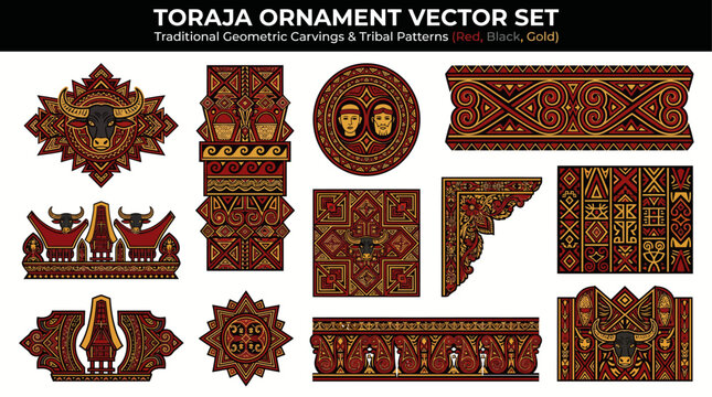 Collection of Toraja ornament vectors featuring buffalo symbols, Tongkonan motifs, geometric tribal carvings, and traditional ethnic decorative patterns in red black and gold colors.