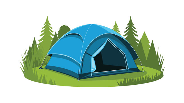 A vibrant blue dome camping tent stands on a lush green grassy patch surrounded by rows of stylized evergreen pine trees under a clear, bright daylight atmosphere.