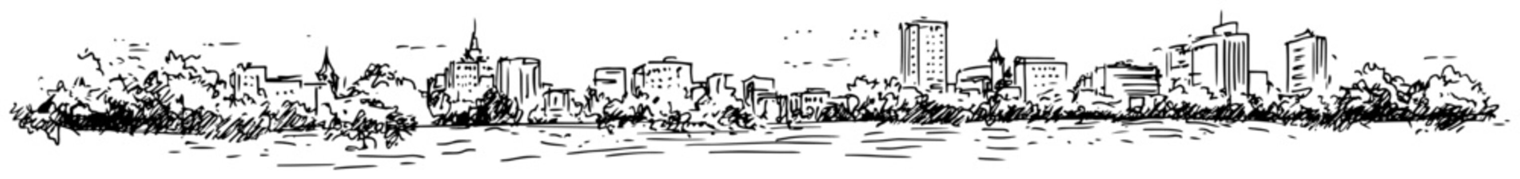 Hand-drawn waterfront city skyline vector black and white line art panorama with trees modern buildings and church spire