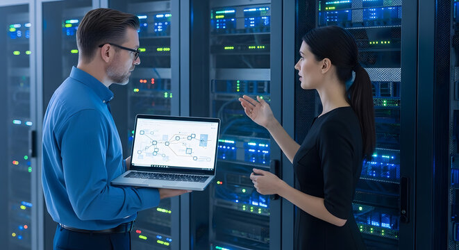 it professionals analyzing data on server racks in modern data center