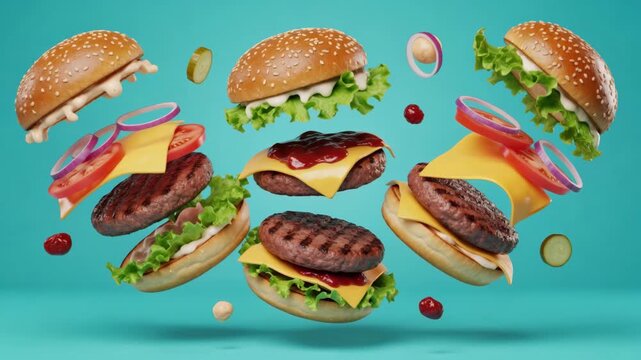Flying burgers with floating ingredients on teal background. Conceptual fast food explosion with beef patties and vegetables. Creative hamburger advertising layout