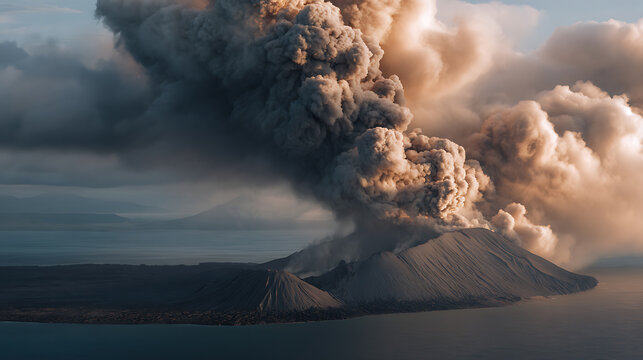 Dramatic aerial view of a powerful volcano eruption with massive ash clouds billow into the sky over a landmass surrounded by water at dusk